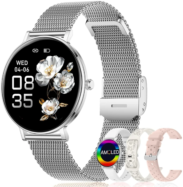 Main image of Smart Watches for Women,1.32'' AMOLED Ultra-Thin Smart Watch with Bluetooth Make/Answer Call,Heart Rate/SpO2/Sleep Tracker,120+ Sports Modes IP68 Fitness Watch Android/iOS Compatible,4 Straps,Silver