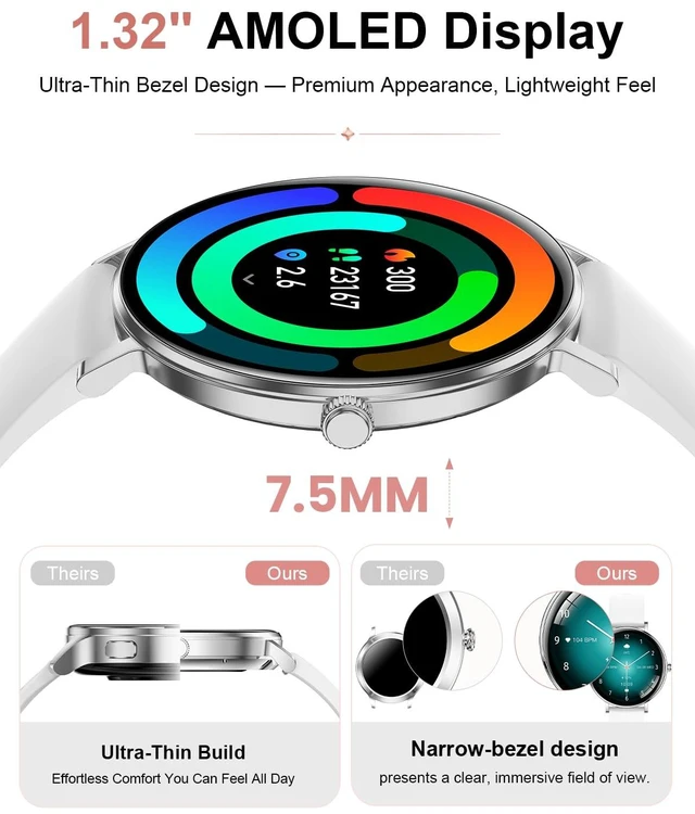 Alt view image 2 of 7 - Smart Watches for Women,1.32'' AMOLED Ultra-Thin Smart Watch with Bluetooth Make/Answer Call,Heart Rate/SpO2/Sleep Tracker,120+ Sports Modes IP68 Fitness Watch Android/iOS Compatible,4 Straps,Silver