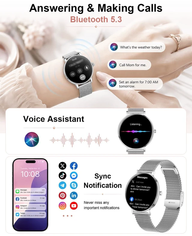 Alt view image 3 of 7 - Smart Watches for Women,1.32'' AMOLED Ultra-Thin Smart Watch with Bluetooth Make/Answer Call,Heart Rate/SpO2/Sleep Tracker,120+ Sports Modes IP68 Fitness Watch Android/iOS Compatible,4 Straps,Silver