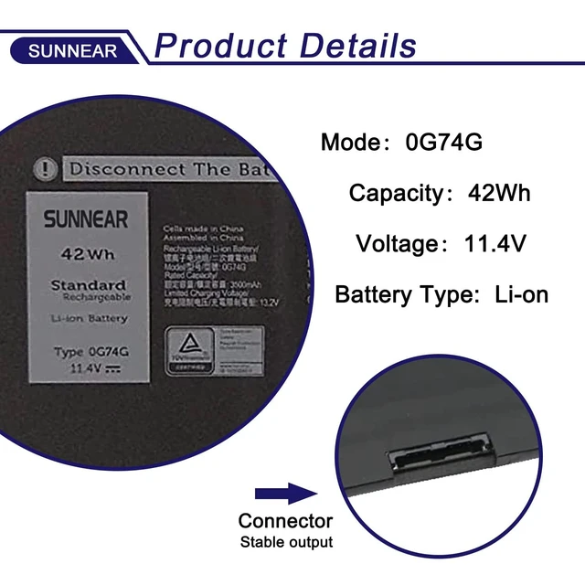 Alt view image 3 of 7 - 0G74G 2PFPW Laptop Battery Replacement for Dell Latitude 5300 5310 7300 7400 E5300 E5310 E7300 E7400 Series OG74G 02PFPW 3KF82 8JYHH 11.4V 42Wh 3500mAh 3-Cell