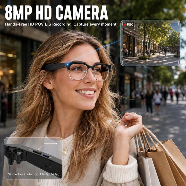 Alt view image 2 of 7 - AI Smart Glasses with Camera, Bluetooth Camera Glasses 8MP Camera Glasses, Real-Time Translation, AI Voice Assistant, Open-Ear Speakers, Bluetooth Calling, IP66 Water Resistance