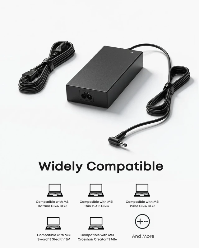 Alt view image 6 of 6 - 180W Charger Fit for MSI Katana GF66 GF76 Sword 15 Stealth 15M Compatible MSI Gaming Laptop, Crosshair Creator 15 M16, Pulse GL66 GL76, Thin 15 A15 GF63, 150W 120W Power Adapter Supply