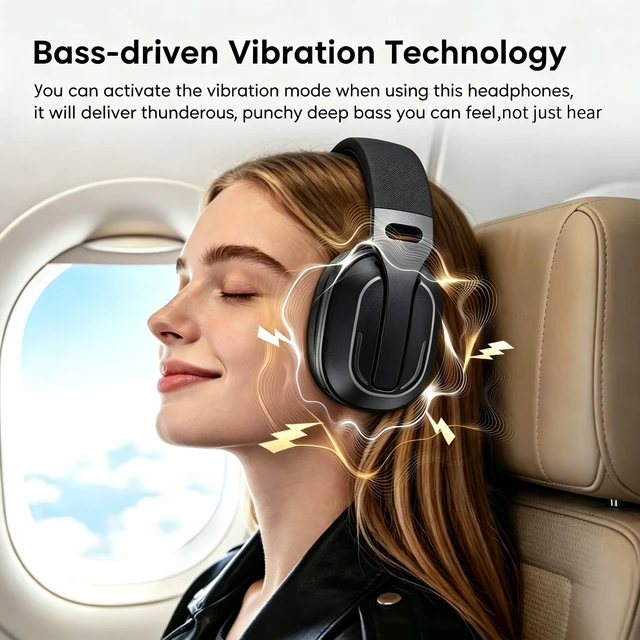 Alt view image 2 of 7 - Over Ear Headphones, Powerful Deep Bass with Vibration - You Can Feel, Not Just Hear White Noise & Timer for Sleep, Bluetooth 6.0 Wireless, 3.5mm Cable Wired, 50H Playtime, Built-in Mic, Black