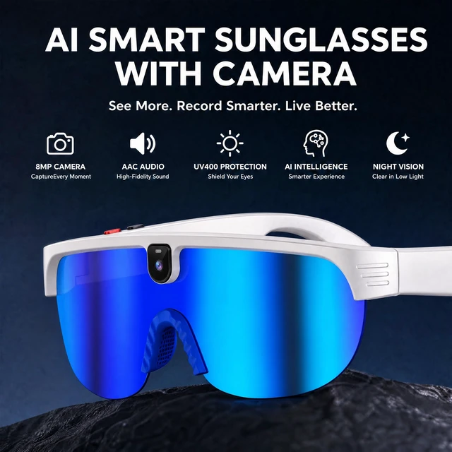 Alt view image 2 of 7 - Oversized AI Smart Glasses with Camera, Sport Bluetooth Glasses 1080P video, open-ear audio, AI assistant & translation