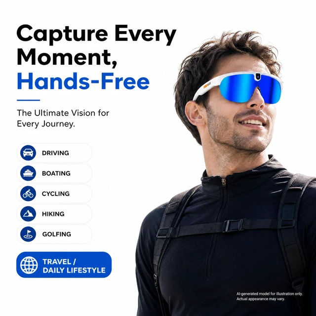 Alt view image 4 of 7 - Oversized AI Smart Glasses with Camera, Sport Bluetooth Glasses 1080P video, open-ear audio, AI assistant & translation
