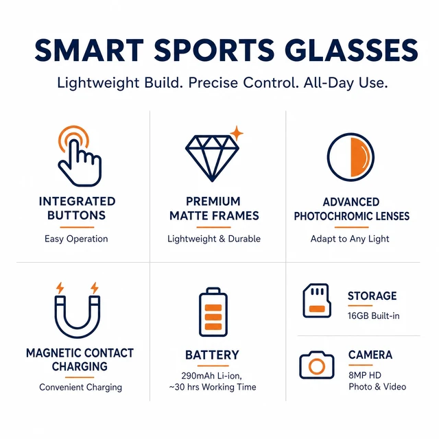 Alt view image 6 of 7 - Oversized AI Smart Glasses with Camera, Sport Bluetooth Glasses 1080P video, open-ear audio, AI assistant & translation