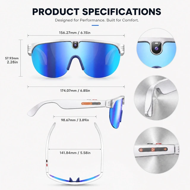 Alt view image 5 of 7 - Oversized AI Smart Glasses with Camera, Sport Bluetooth Glasses 1080P video, open-ear audio, AI assistant & translation