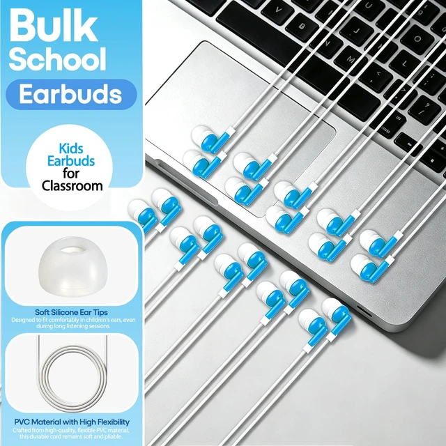 Alt view image 2 of 7 - Wholesale Earbuds Bulk Headphones Individually Bagged 50 Pack for iPhone, Android, MP3 Player for Schools, Libraries, Hospitals (Blue)