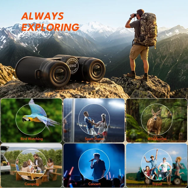 Alt view image 6 of 7 - 12x42 HD Binoculars for Adults & Kids High Powered Compact Binoculars with Low Light Night Vision for Bird Watching, Hunting, Cruise Travel, Camping, Hiking and Outdoor Sports, Gifts for Men