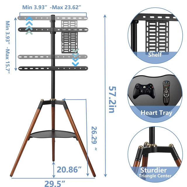 Alt view image 4 of 7 - ETHU Easel TV Stand with Plate for 32-65" TV, 140° Swivel, 88lb Cap Height Adjustable Tripod TV Floor Stand with Tray, Corner TV Stand for Living Room and Bedroom, Black and Walnut