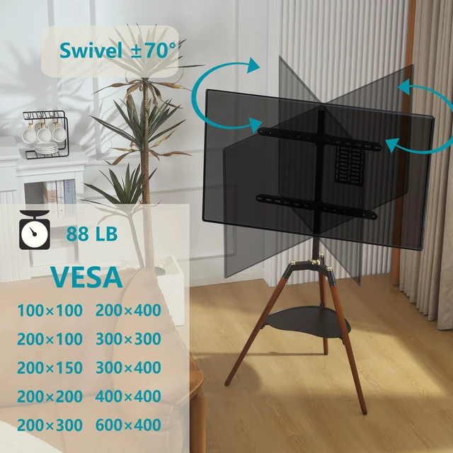 Alt view image 7 of 7 - ETHU Easel TV Stand with Plate for 32-65" TV, 140° Swivel, 88lb Cap Height Adjustable Tripod TV Floor Stand with Tray, Corner TV Stand for Living Room and Bedroom, Black and Walnut