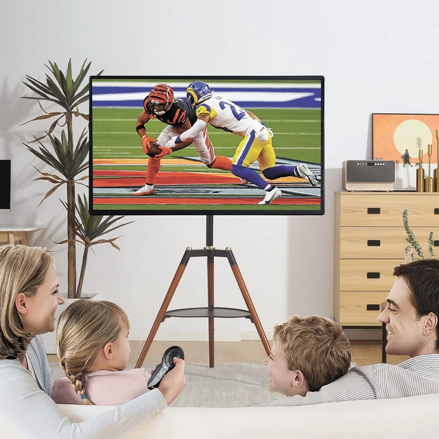 Alt view image 5 of 7 - ETHU Easel TV Stand with Plate for 32-65" TV, 140° Swivel, 88lb Cap Height Adjustable Tripod TV Floor Stand with Tray, Corner TV Stand for Living Room and Bedroom, Black and Walnut