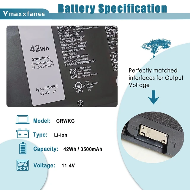 Alt view image 2 of 7 - 42Wh GRWKG Battery Replacement for Dell Latitude 3340 3440 3450 3540 3550 5340 5350 5440 5450 5540 7455 Precision 3580 3590 3480 3490 Series DR02P JTG7N R73TC 11.4V 3500mAh