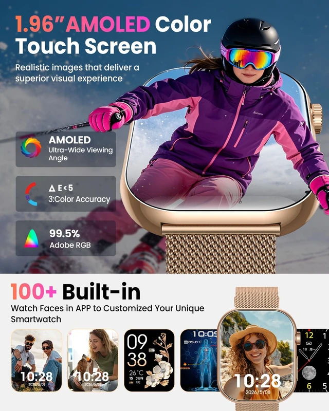 Alt view image 2 of 7 - Smart Watch for Men Women,1.96" HD AMOLED Fitness Watch Tracker with 2 Band 20 Day+Battery Life/Heart Rate SpO2 Sleep Monitor,/140+Sport Modes/Bluetooth Call,/IP68 Waterproof/ Android iOS