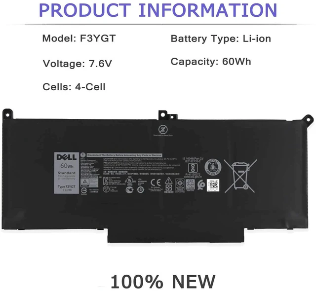 Alt view image 2 of 7 - DELL F3YGT Laptop Battery for Dell Latitude 12 7280 7290 13 7380 7390 P29S002 14 7000 7480 7490 P73G002 Series P28S P28S001 P73G P73G002 Series DM3WC DM6WC 2X39G KG7VF 451-BBYE 453-BBCF 7.6V 4Cell