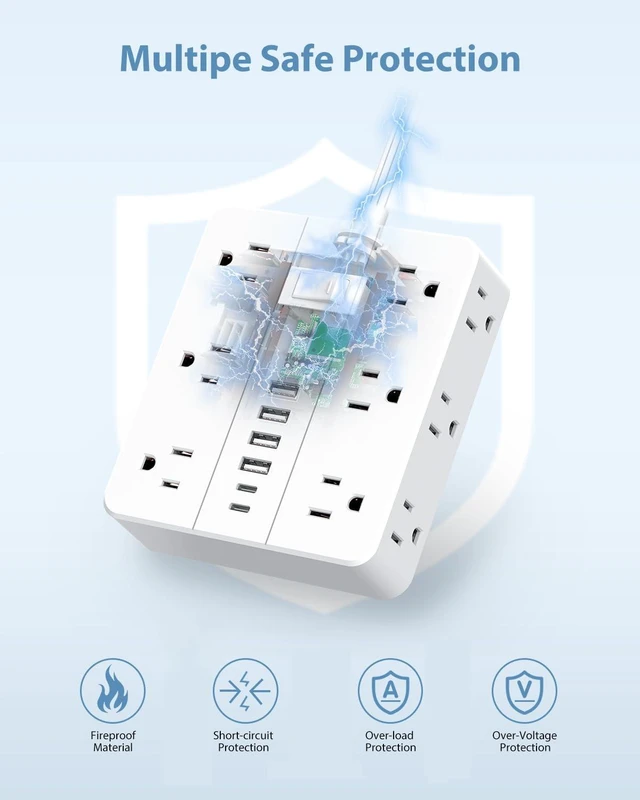 Alt view image 2 of 7 - Power Strip Flat Plug with 12 Outlets 6 USB(2 USB C), Power Strip Charging Station with Overload Protection,5ft Extension Cord Widely Spaced Multiple Outlets for Home Office Dorm Essentials