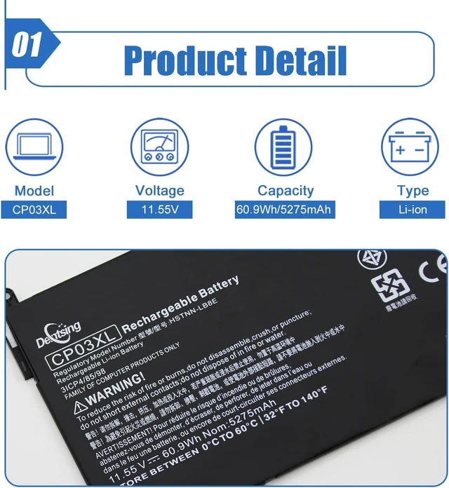 Alt view image 3 of 7 - CP03XL Laptop Battery for HP Spectre x360 13 Convertible PC 13-ae000 11.55V 60.9Wh 5275mAh, Compatible with Spectre x360 13-ae013dx 13-ae015dx 13-ae052nr Series, HSTNN-LB8E 929066-421 929072-855
