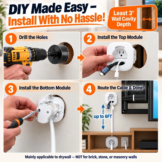 Alt view image 6 of 7 - in Wall Cable Management Kit, Recessed Cable Hider for Wall Mounted TV TV Outlet Wall Kit for Power & Low Voltage Cords, Hide TV Wires Behind the Drywall w/ 6ft Extension Cord, Hole Saw Attachment