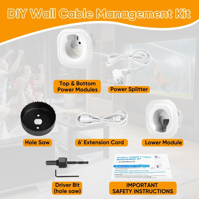 Alt view image 7 of 7 - in Wall Cable Management Kit, Recessed Cable Hider for Wall Mounted TV TV Outlet Wall Kit for Power & Low Voltage Cords, Hide TV Wires Behind the Drywall w/ 6ft Extension Cord, Hole Saw Attachment
