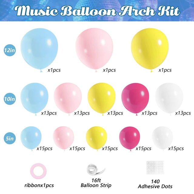 Alt view image 2 of 7 - 175Pcs Colorful K-Pop Balloon Arch Kit, Hot Pink Blue Yellow White Pink Balloons with Disco Ball Music Note Iridescent Star Foil Balloons for Kpop Music Disco Theme Birthday Prom Concert Party