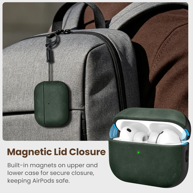 Alt view image 2 of 7 - Magnetic Lid Genuine Leather Case for AirPods Pro 3 (2025) Handmade Crazy Horse Vintage Patina Cover with Lanyard, Two-Tone Leather Case for AirPods Pro 3rd Generation