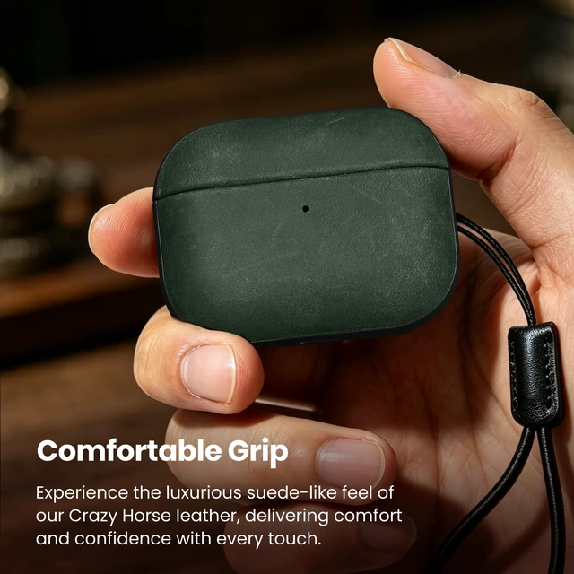 Alt view image 4 of 7 - Magnetic Lid Genuine Leather Case for AirPods Pro 3 (2025) Handmade Crazy Horse Vintage Patina Cover with Lanyard, Two-Tone Leather Case for AirPods Pro 3rd Generation