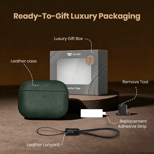 Alt view image 6 of 7 - Magnetic Lid Genuine Leather Case for AirPods Pro 3 (2025) Handmade Crazy Horse Vintage Patina Cover with Lanyard, Two-Tone Leather Case for AirPods Pro 3rd Generation