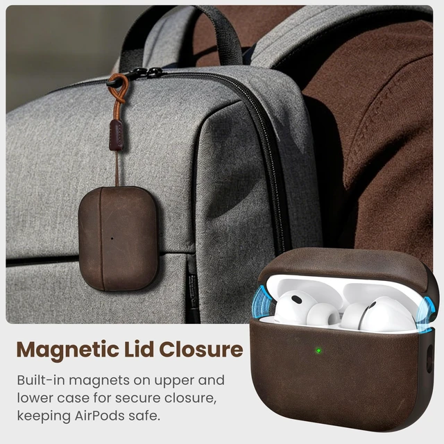 Alt view image 2 of 7 - Magnetic Lid Genuine Leather Case for AirPods Pro 3 (2025) Handmade Crazy Horse Vintage Patina Cover with Lanyard, Two-Tone Leather Case for AirPods Pro 3rd Generation