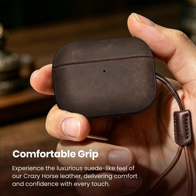 Alt view image 4 of 7 - Magnetic Lid Genuine Leather Case for AirPods Pro 3 (2025) Handmade Crazy Horse Vintage Patina Cover with Lanyard, Two-Tone Leather Case for AirPods Pro 3rd Generation
