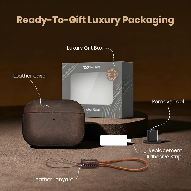 Alt view image 6 of 7 - Magnetic Lid Genuine Leather Case for AirPods Pro 3 (2025) Handmade Crazy Horse Vintage Patina Cover with Lanyard, Two-Tone Leather Case for AirPods Pro 3rd Generation
