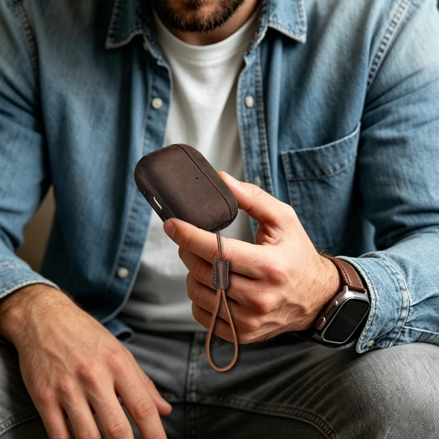 Alt view image 7 of 7 - Magnetic Lid Genuine Leather Case for AirPods Pro 3 (2025) Handmade Crazy Horse Vintage Patina Cover with Lanyard, Two-Tone Leather Case for AirPods Pro 3rd Generation