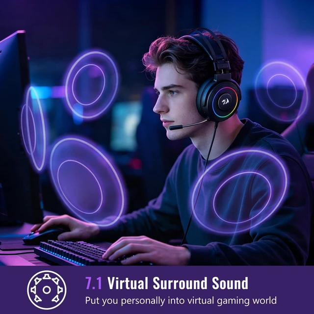 Alt view image 2 of 7 - USB Wired Gaming Headset with 7.1 Surround Sound, Volume Control Noise Cancelling Mic, RGB Light, Headphone Stand, 40mm Drivers, Over Ear for PC, PS4, NS, Black