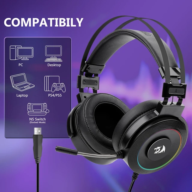 Alt view image 5 of 7 - USB Wired Gaming Headset with 7.1 Surround Sound, Volume Control Noise Cancelling Mic, RGB Light, Headphone Stand, 40mm Drivers, Over Ear for PC, PS4, NS, Black