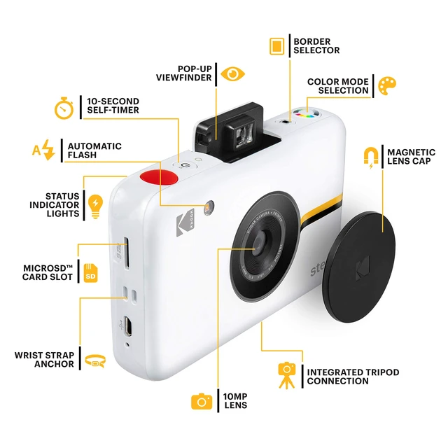 Alt view image 2 of 7 - Step Instant Camera With 10MP Image Sensor, Zink Zero Ink Technology (White) Bundle: Photo Album, Case, 20 Pack Zink Paper, Markers, Stickers