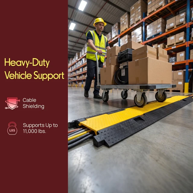 Alt view image 3 of 7 - Durable 40 Cable Protector Ramp - Supports 33,000lbs, Three-Channel Heavy Duty Cord Cover with Interlocking System & Flip-Open Lid for Safe Concealment of Cords, Hoses & Wires Indoors/Outdoors
