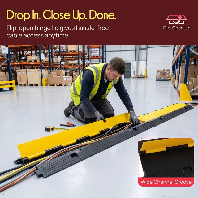 Alt view image 5 of 7 - Durable 40 Cable Protector Ramp - Supports 33,000lbs, Three-Channel Heavy Duty Cord Cover with Interlocking System & Flip-Open Lid for Safe Concealment of Cords, Hoses & Wires Indoors/Outdoors