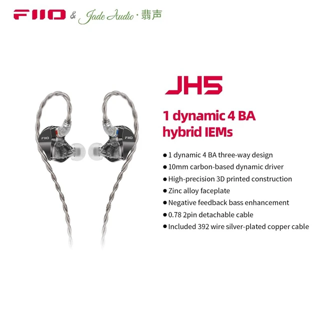 Alt view image 2 of 6 - /JadeAudio JH5 1DD+4BA Hybrid 5 Drivers HiFi in-Ear Monitors Earphone, Detachable 0.78mm 2 Pin Cable 3.5mm Plug for Audiophile/Musician (Black)