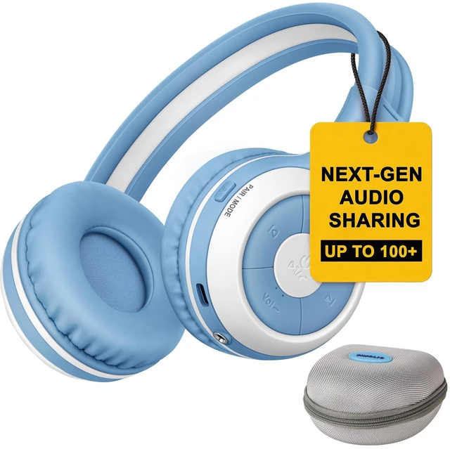 Main image of Manyshare Bluetooth Kids Headphones with Case & Mic for School,Blue Broadcast Audio to 100+ Headphones at Once. Wireless Kids Headphones with Mic for School, Travel, Tablets and Group Listening