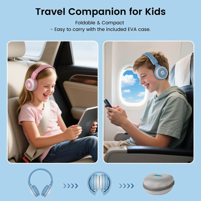 Alt view image 6 of 7 - Manyshare Bluetooth Kids Headphones with Case & Mic for School,Blue Broadcast Audio to 100+ Headphones at Once. Wireless Kids Headphones with Mic for School, Travel, Tablets and Group Listening
