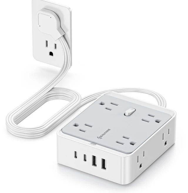 Main image of 5 FT Flat Plug Power Strip, 8 AC Outlets and 4 USB Ports (2 USB-A, 2 USB-C), 950J Surge Protector, Wall-Mount Extension Cord for Home Office