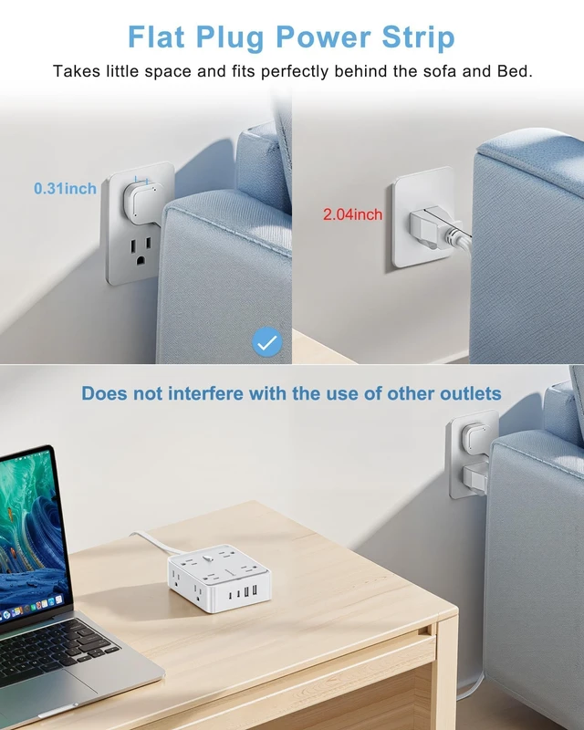 Alt view image 3 of 5 - 5 FT Flat Plug Power Strip, 8 AC Outlets and 4 USB Ports (2 USB-A, 2 USB-C), 950J Surge Protector, Wall-Mount Extension Cord for Home Office