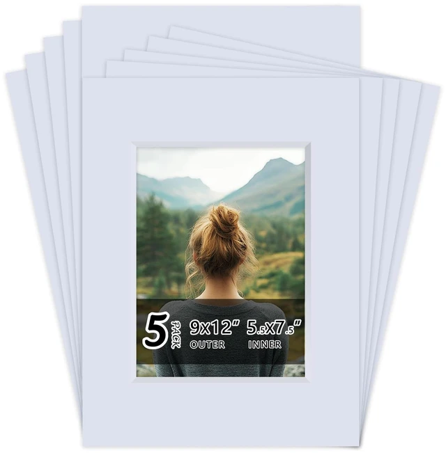 Main image of 5 Pack Acid Free 9x12 White Picture Mats Board Kit for 6x8 4-Ply Beveled Pre-Cut Photo Mats with Backing Board for Frames, Artwork and Prints