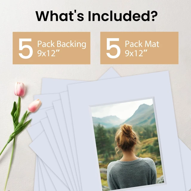 Alt view image 3 of 6 - 5 Pack Acid Free 9x12 White Picture Mats Board Kit for 6x8 4-Ply Beveled Pre-Cut Photo Mats with Backing Board for Frames, Artwork and Prints