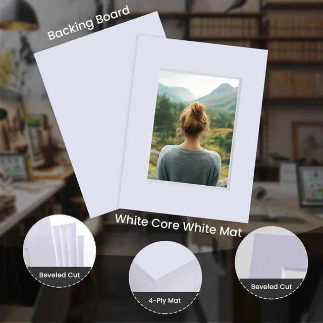 Alt view image 4 of 6 - 5 Pack Acid Free 9x12 White Picture Mats Board Kit for 6x8 4-Ply Beveled Pre-Cut Photo Mats with Backing Board for Frames, Artwork and Prints