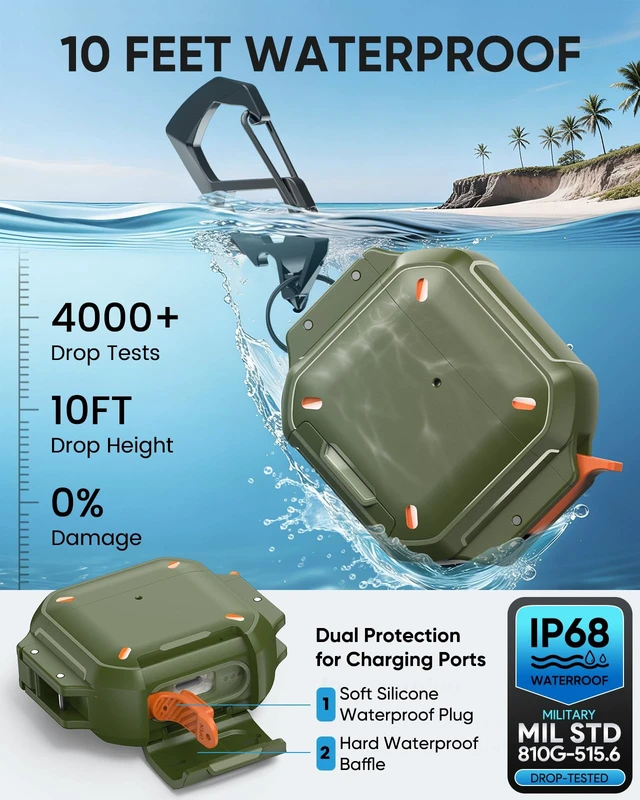 Alt view image 2 of 7 - for AirPods 4 / AirPods 5 Case Cover with Lock, Waterproof, Army Green Secure Lock, IP68 Waterproof, MilitaryGrade Shockproof, Keychain, Phone Stand, Cleaner Kit