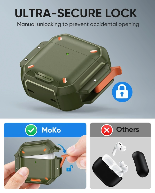 Alt view image 3 of 7 - for AirPods 4 / AirPods 5 Case Cover with Lock, Waterproof, Army Green Secure Lock, IP68 Waterproof, MilitaryGrade Shockproof, Keychain, Phone Stand, Cleaner Kit