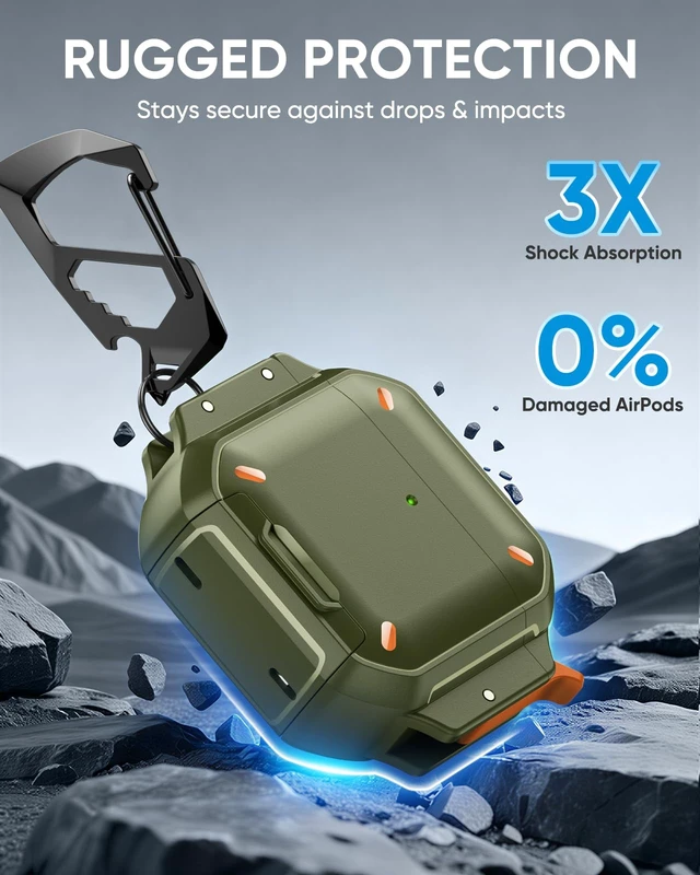 Alt view image 4 of 7 - for AirPods 4 / AirPods 5 Case Cover with Lock, Waterproof, Army Green Secure Lock, IP68 Waterproof, MilitaryGrade Shockproof, Keychain, Phone Stand, Cleaner Kit