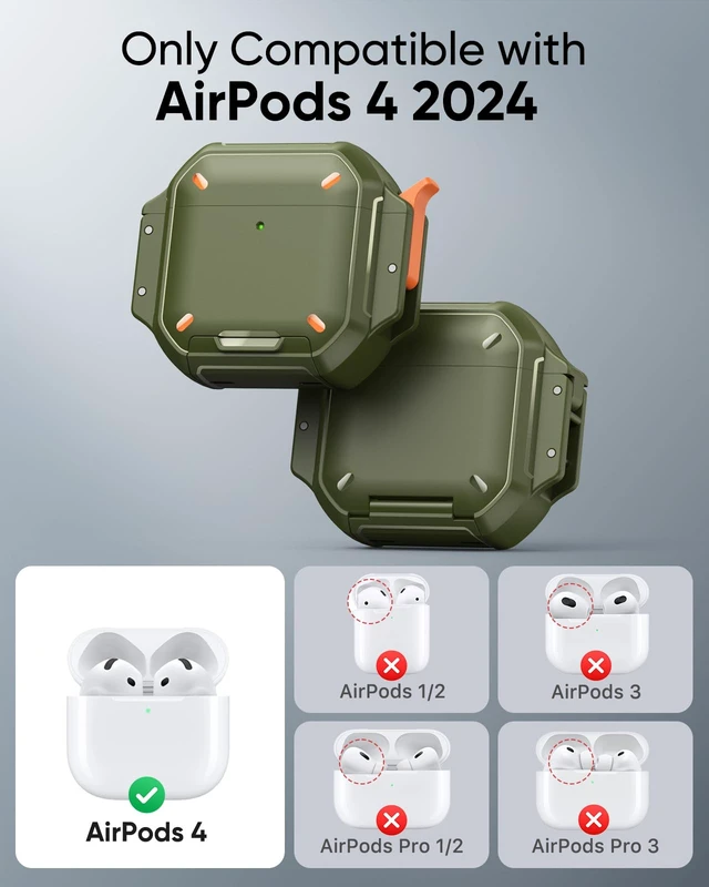 Alt view image 6 of 7 - for AirPods 4 / AirPods 5 Case Cover with Lock, Waterproof, Army Green Secure Lock, IP68 Waterproof, MilitaryGrade Shockproof, Keychain, Phone Stand, Cleaner Kit