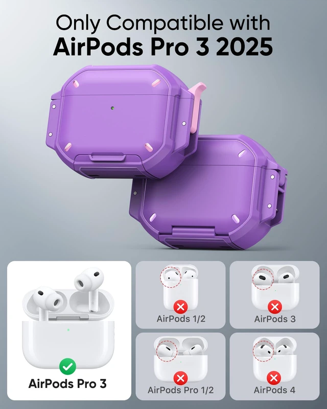 Alt view image 2 of 7 - for AirPods Pro 3 Case Cover with Lock, Waterproof, Purple Secure Lock, IP68 Waterproof, MilitaryGrade Shockproof, Keychain, Phone Stand, Cleaner Kit