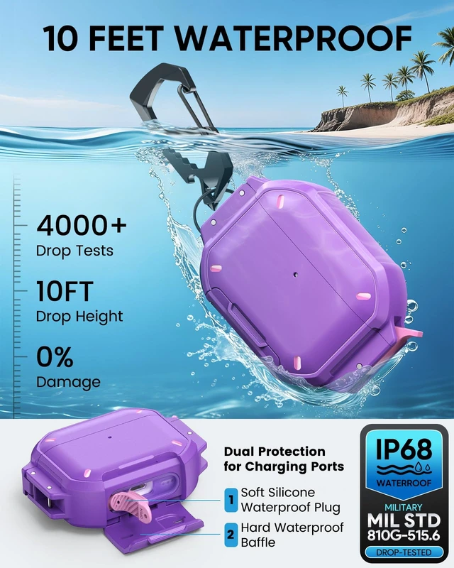 Alt view image 3 of 7 - for AirPods Pro 3 Case Cover with Lock, Waterproof, Purple Secure Lock, IP68 Waterproof, MilitaryGrade Shockproof, Keychain, Phone Stand, Cleaner Kit